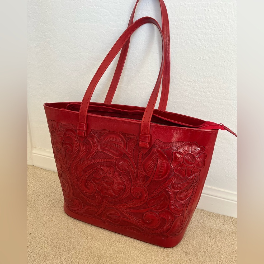 Hand Tooled Red Leather Boho Mexican Tote